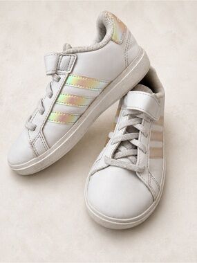 Adidas Kids Grand Court White Sneakers with Iridescent / Metallic Stripes C12